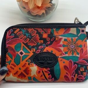 Fossil Orange Black nylon leather wristlet. SM1708